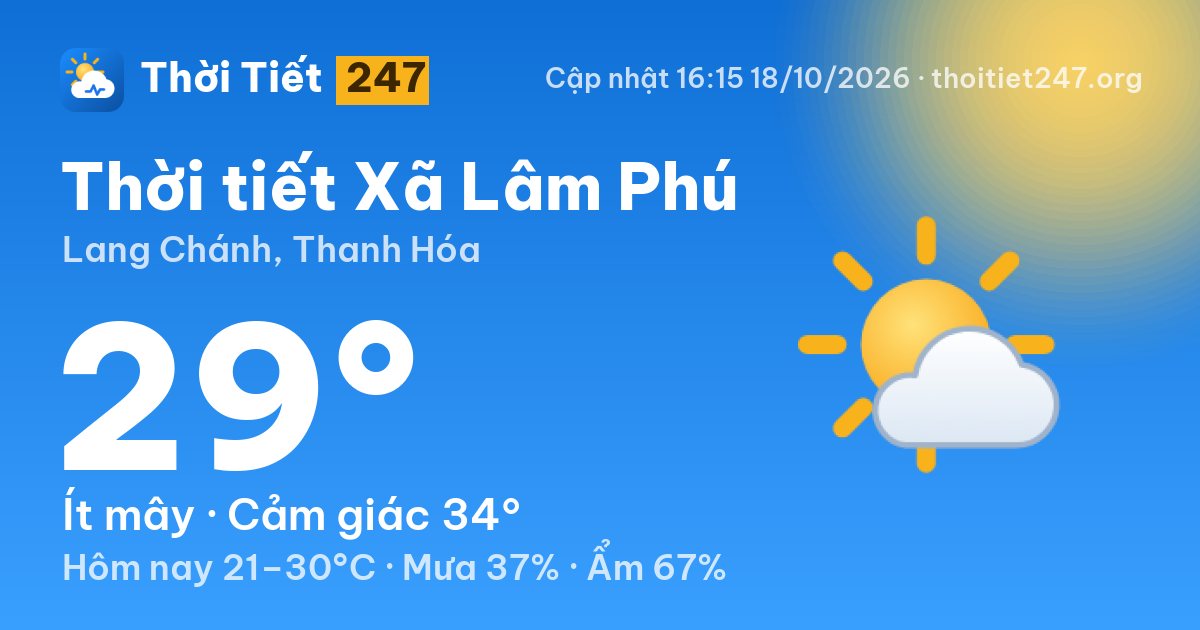 Thời tiết Xã Lâm Phú hôm nay 18/10/2026: 29°C, ít mây