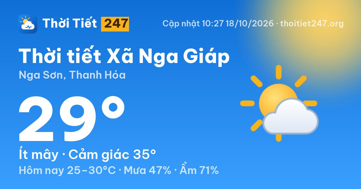 Thời tiết Xã Nga Giáp hôm nay 18/10/2026: 27°C, trời quang