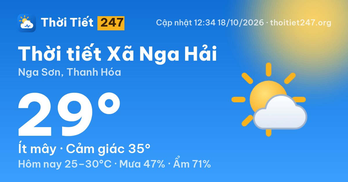 Thời tiết Xã Nga Hải hôm nay 18/10/2026: 29°C, ít mây