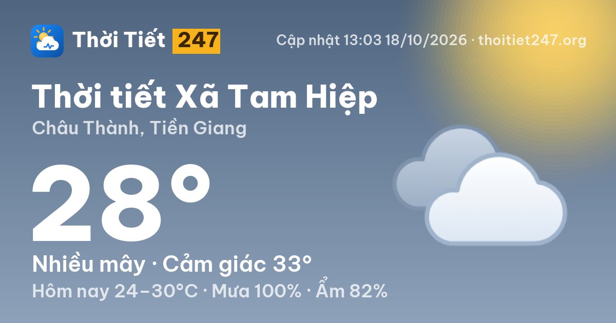 Thời tiết Xã Tam Hiệp hôm nay 18/10/2026: 28°C, nhiều mây