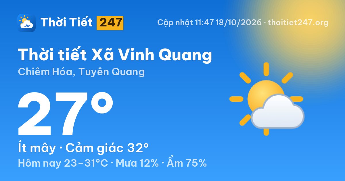 Thời tiết Xã Vinh Quang hôm nay 18/10/2026: 27°C, ít mây