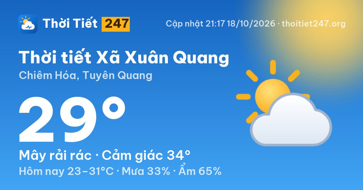 Thời tiết Xã Xuân Quang hôm nay 18/10/2026: 29°C, mây rải rác