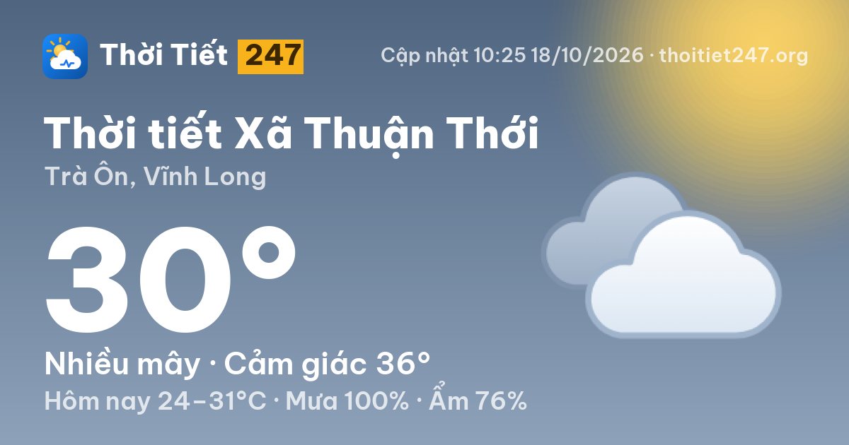 Thời tiết Xã Thuận Thới hôm nay 18/10/2026: 26°C, nhiều mây