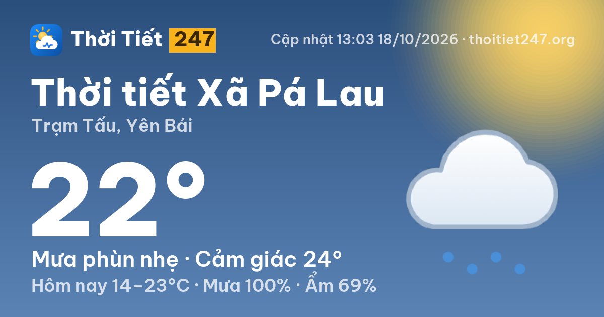 Thời tiết Xã Pá Lau hôm nay 18/10/2026: 22°C, mưa phùn nhẹ