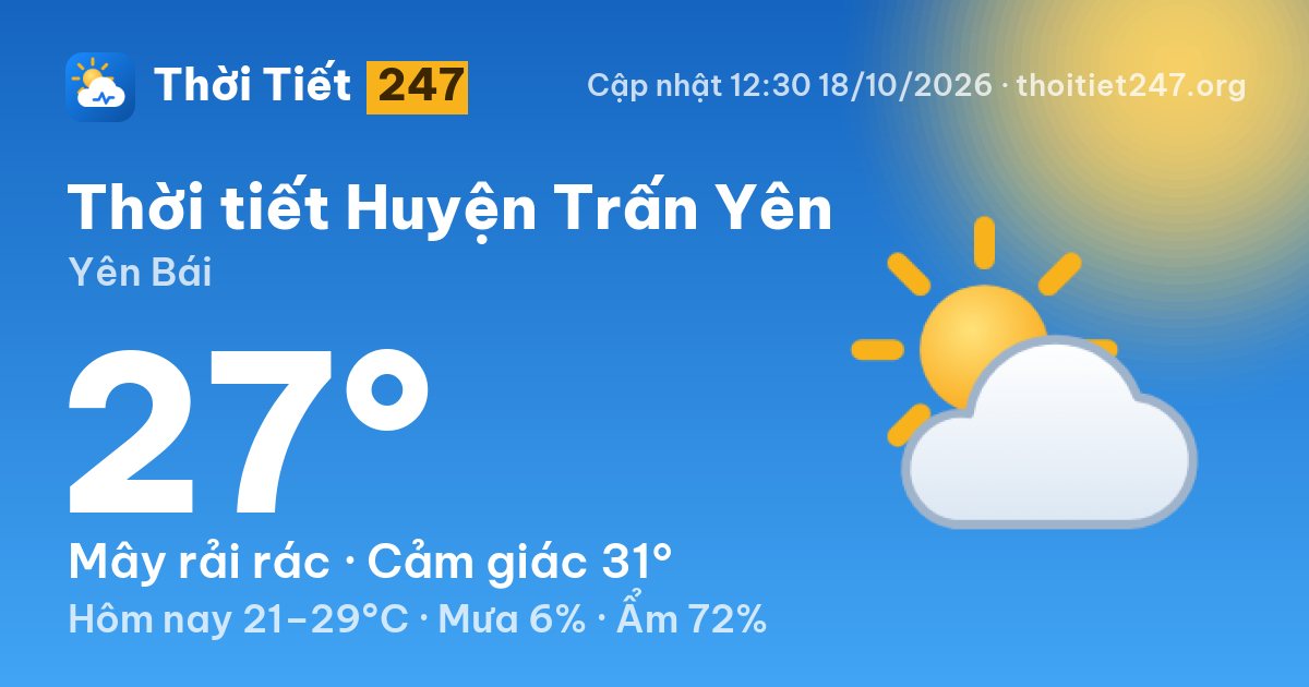 Thời tiết Huyện Trấn Yên hôm nay 18/10/2026: 23°C, sương mù