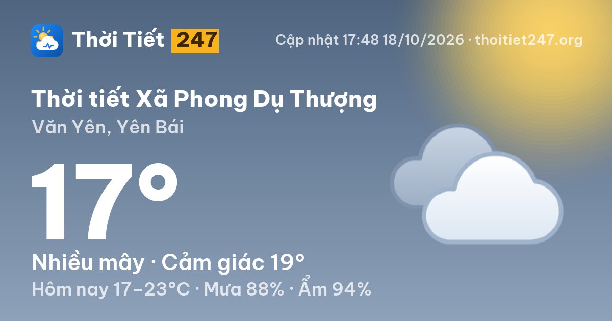 Thời tiết Xã Phong Dụ Thượng hôm nay 18/10/2026: 17°C, nhiều mây